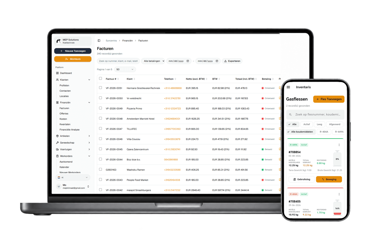 Syncentra werkorders op laptop en de app op mobiel