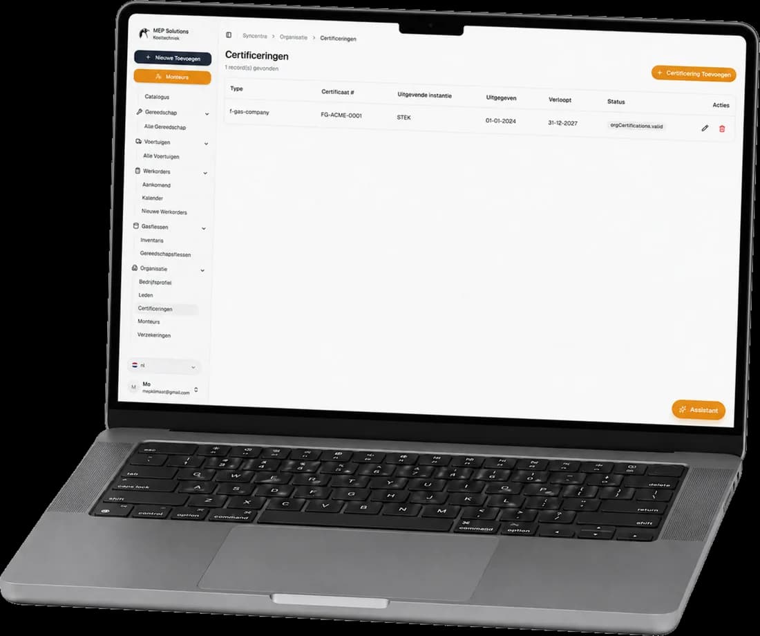 Syncentra dashboard in dagelijks gebruik bij MEP Koeltechniek