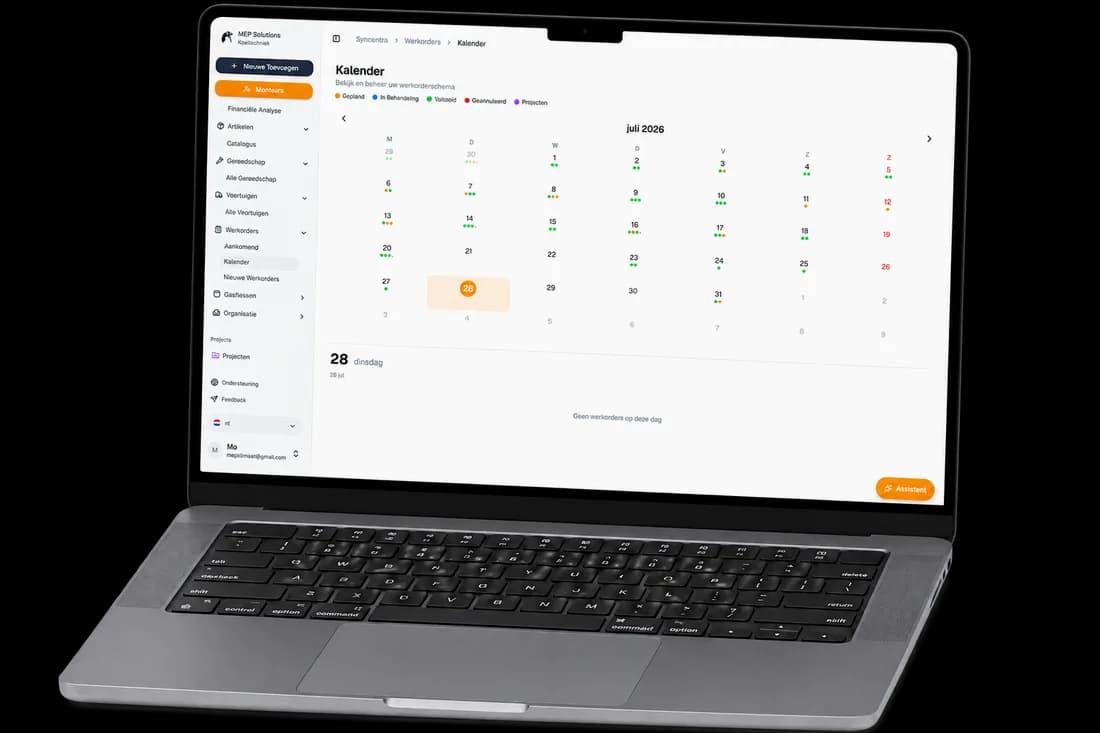 Planningsoftware voor koelmonteurs van Syncentra met overzicht van geplande werkorders