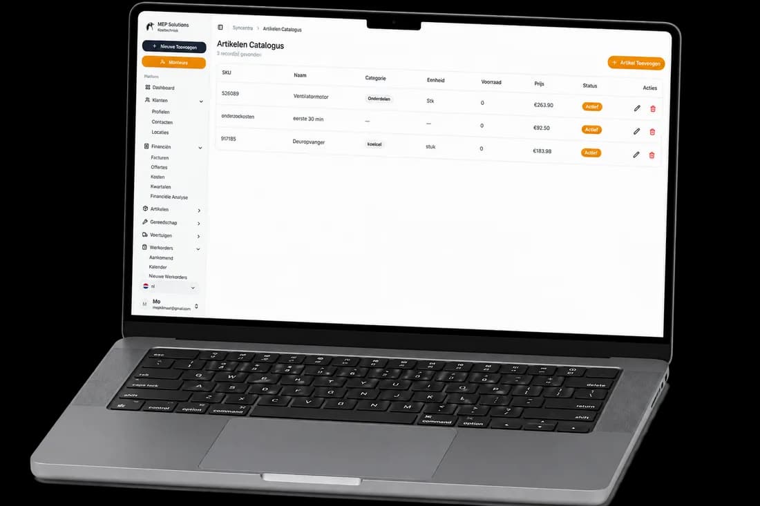 Facturatiesoftware voor koeltechniekbedrijven van Syncentra met offertes, facturen en kosten