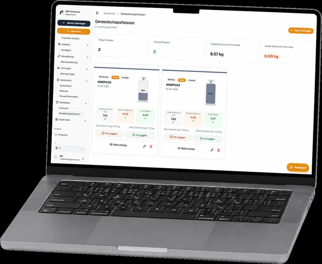 Software voor koudemiddelregistratie van Syncentra met voorraad en verbruik per fles